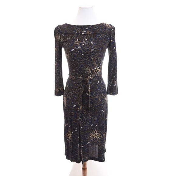 Tory Burch Sz XS Belted Shift Dress Pleated Drop Waist Slinky Brown Blue Stretch - Picture 3 of 12